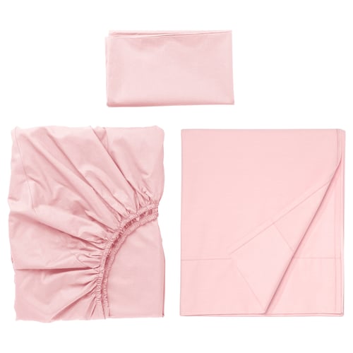 Pink bed linens: flat, fitted sheet, pillowcase, cotton-lyocell blend, percale weave, double hem.