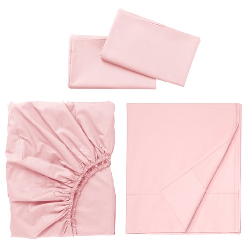 Pink ULLVIDE linen sheets: flat, fitted, pillowcases. Soft, 85% cotton, 15% lyocell.