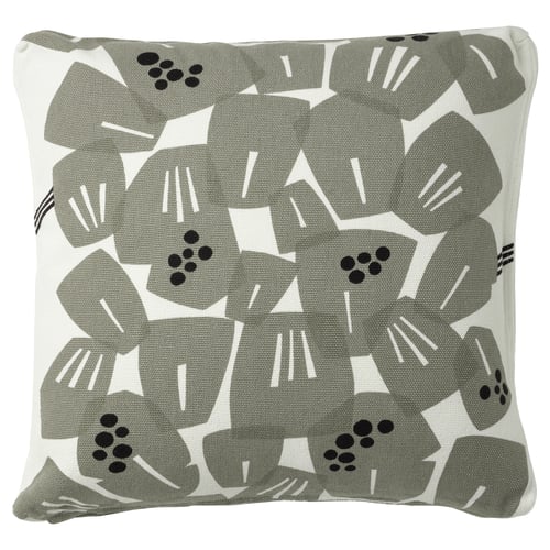 Underbloomma pillow in grey-green/white with leafy abstract design, square shape, cotton/jute fabric.