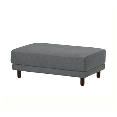 The UPPÅKRA grey fabric footstool with wooden legs, rectangular shape, and sleek design.