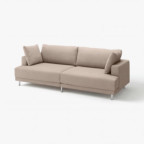 UPPÅKRA light grey sofa, modern design, striped fabric, chrome legs, spacious cushions.