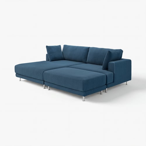 UPPÅKRA: modern blue modular sofa. Comfy, sink-in feel. Clean design with oversized cushions. Chrome metal legs.