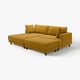 Mustard yellow UPPÅKRA sofa, modern design, thick cushions, wooden legs.