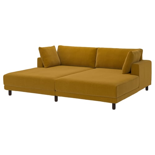 Mustard-yellow UPPÅKRA sectional sofa with cord texture, rectangular shape, and dark wooden legs.