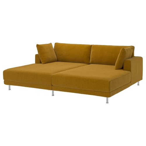 A modern, golden-yellow UPPÅKRA sofa with clean lines and oversized cushions, supported by metal legs, perfect for relaxing.
