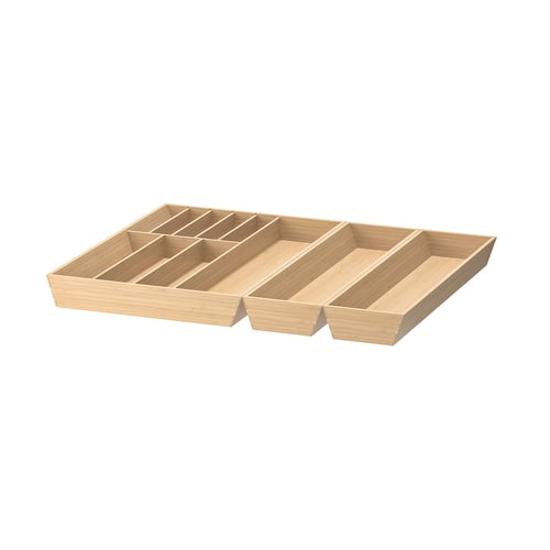 Wooden organiser tray, natural, rectangular with multiple compartments.