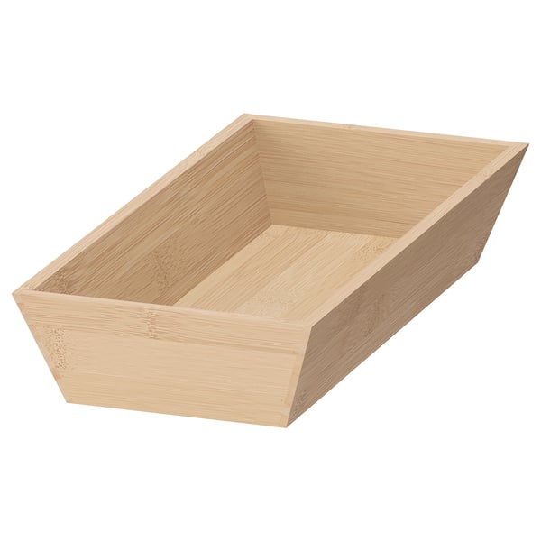 An UPPDATERA bamboo cutlery tray. Natural coloured, rectangular, with rounded edges and plastic feet underside for drawer stability.