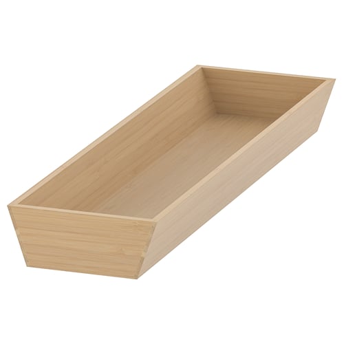 This image shows an empty rectangular wooden drawer organiser made of bamboo in a light brown colour.