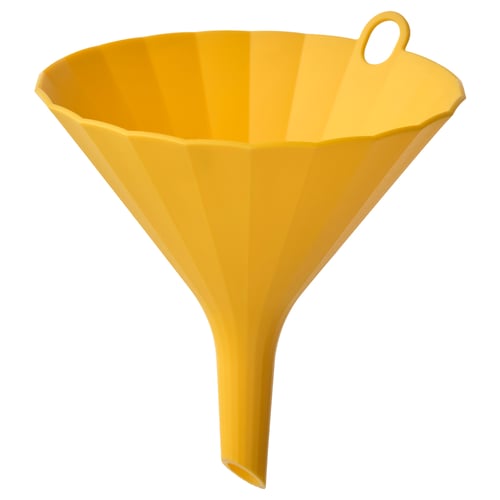 Bright yellow funnel, jug-shaped, polypropylene, kitchen tool.