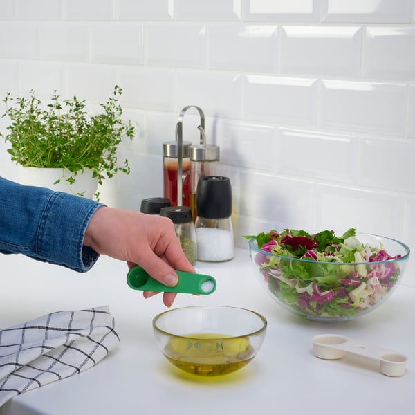 UPPFYLLD Measuring spoon, set of 2, off-white/bright green