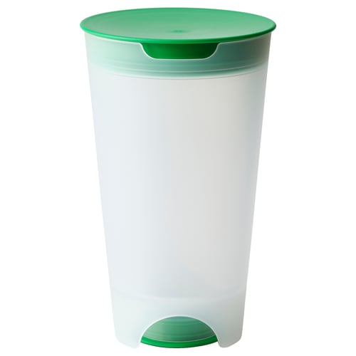 A white UPPFYLLD salad shaker with a green lid and base, designed for rinsing and storing vegetables efficiently.