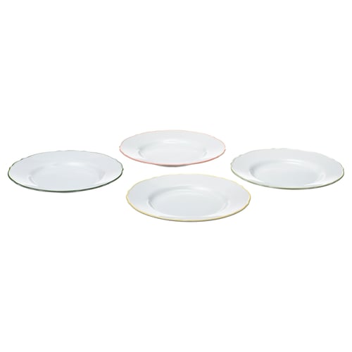 Four white UPPLAGA side plates in a row, each with different coloured rims: turquoise, red, gold, and blue.
