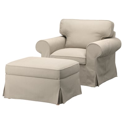 Modern UPPLAND chair & ottoman, beige-stripe fabric, rolled arm design, plush cushions.