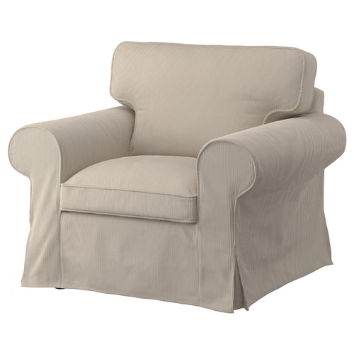 An ikea UPPLAND chair with a neutral-colored, textured cover, featuring rolled arms and a skirted base, perfect for a cozy setting.
