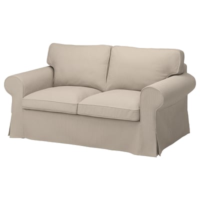 An beige-and-gray striped UPPLAND loveseat with rolled arms and a cushioned seat, designed for comfort and easy cleaning.