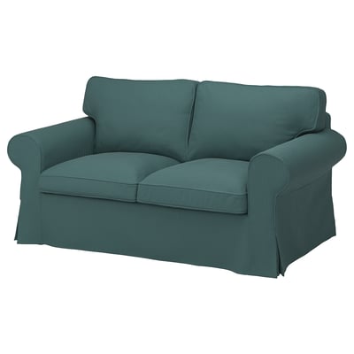An UPPLAND loveseat in teal corduroy; soft, comfortable, with rolled arms and back.