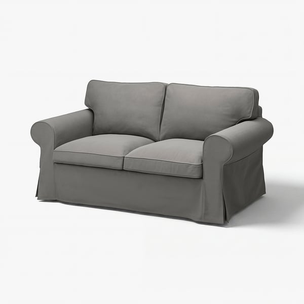 Grey UPPLAND sofa, sleek design, rolled arms, soft cushions.