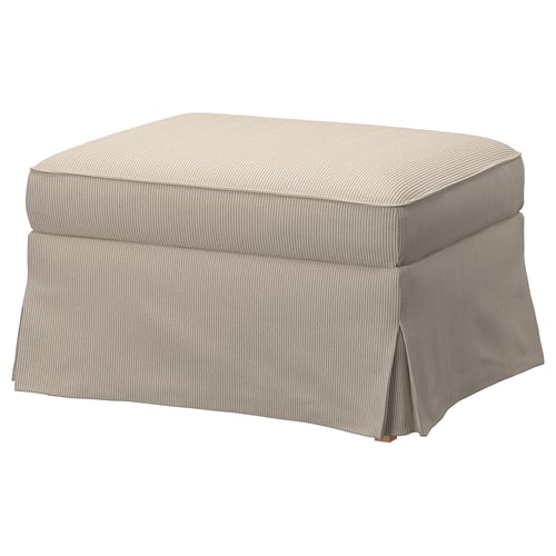 UPPLAND beige striped footstool with storage, square, cosy, striped cover, wood base.