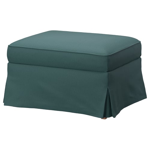 Dark green, rectangular footstool with tailored cover & wooden legs.