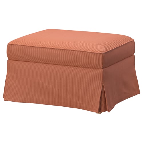UPPLAND rusty red footstool, rectangular, upholstered, with gathered skirt.