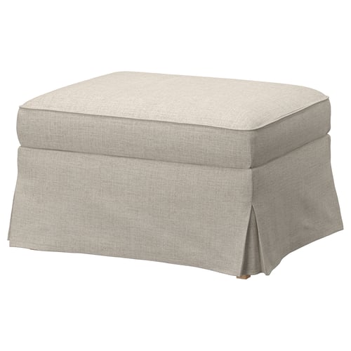 Beige square footstool with tufted top, melange fabric, for seating or feet rest.