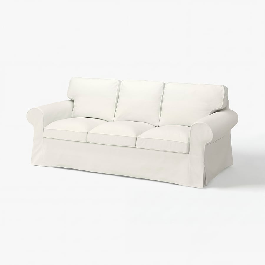 White UPPLAND sofa: plush, rolled arms, deep seat, cotton cover.
