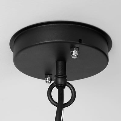 Black pendant lamp ceiling mount with metal housing, featuring a ring attachment and cord.