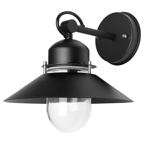 Black wall lamp, UPPLID, with clear glass shade, modern design, durable metal.