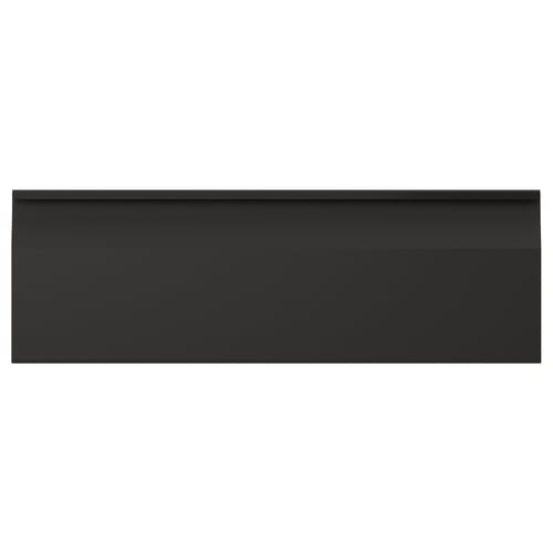 Black kitchen cabinet door with sleek edge and integrated handle.