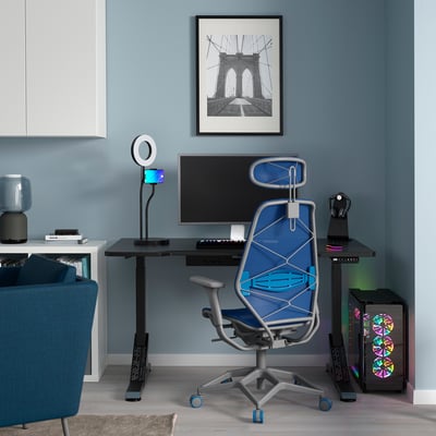 UPPSPEL / STYRSPEL Gaming desk and chair, black blue/light gray, 55 1/8x31 1/2 "