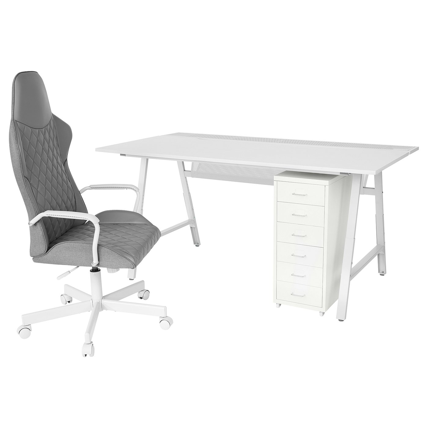 UTESPELARE / HELMER Desk, chair and drawer unit - light gray gray/white