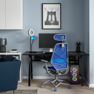 UTESPELARE / STYRSPEL Gaming desk and chair, black blue/light gray