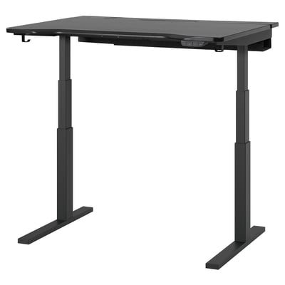 UTMANING black adjustable gaming desk with dark glass top and metal legs.