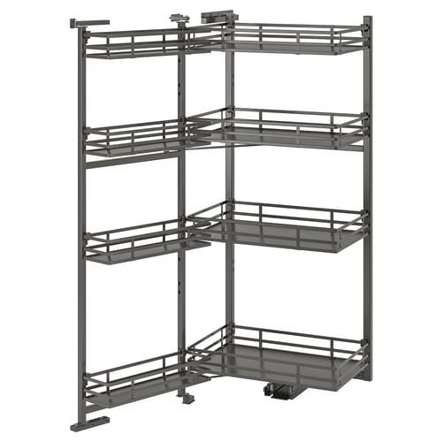 A grey UTRUSTA kitchen storage rack with multiple pull-out shelves designed for accessing items easily.