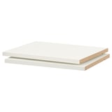 Two white, rectangular melamine shelves stacked. They have thick, durable surfaces and clean edges.