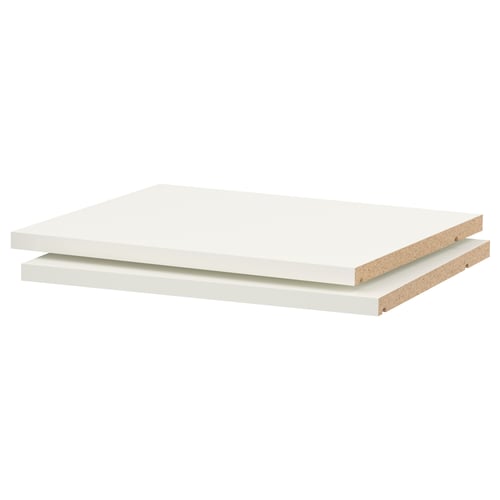 Two white, rectangular melamine shelves stacked. They have thick, durable surfaces and clean edges.