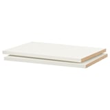 A white UTRUSTA shelf. Its rectangular, made from melamine, and has a smooth surface. The material is robust and easy to clean.