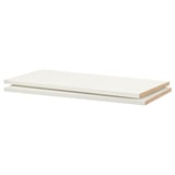A white UTRUSTA shelf made of melamine with a scratch-resistant surface. Its rectangular with a smooth edge design.