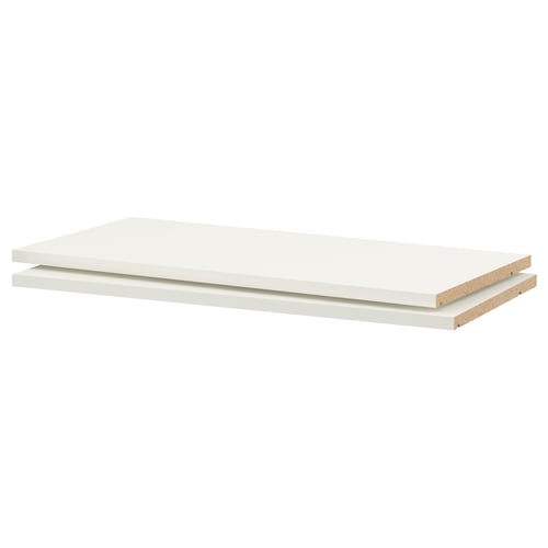 A white UTRUSTA shelf made of melamine with a scratch-resistant surface. Its rectangular with a smooth edge design.