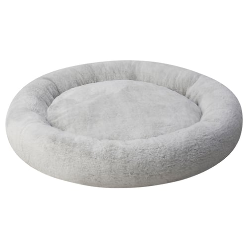 Light grey, soft, round pet bed, cosy, raised edge, faux fur-like fabric, calming.