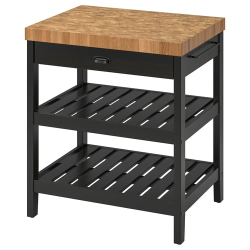 VADHOLMA kitchen island, black with wooden top and shelf, single drawer.