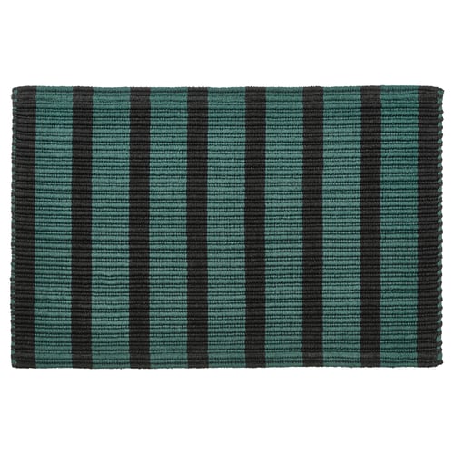 VÄGSKYLT doormat: black & blue-green stripes, cotton, rectangular, anti-slip.