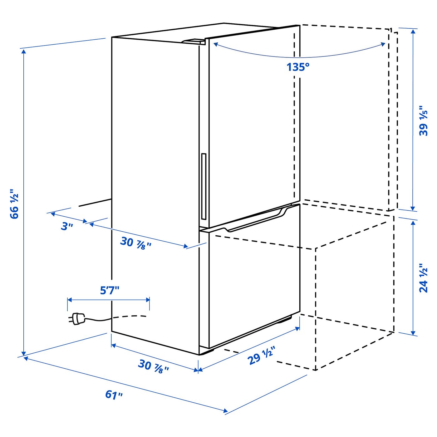 bottom freezer refrigerator dimensions
