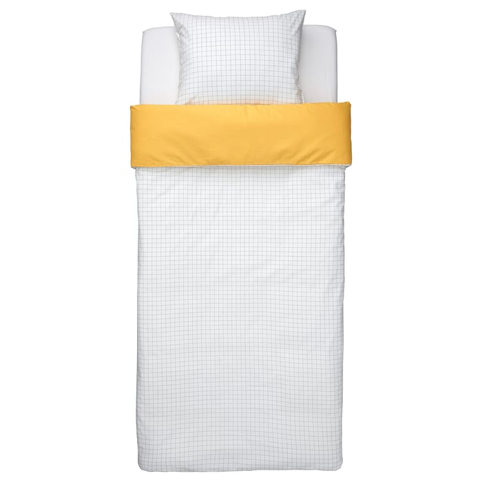 VÄNKRETS Duvet cover and pillowcase(s), check pattern white/yellow