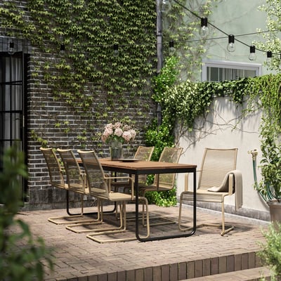 VÄSMAN / VÄSMAN Table+6 armchairs, outdoor, extendable light brown stained/brown, 53 1/8x74 3/4/29 1/8 "