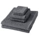 Six grey cotton towels stacked neatly, featuring a textured, striped pattern.
