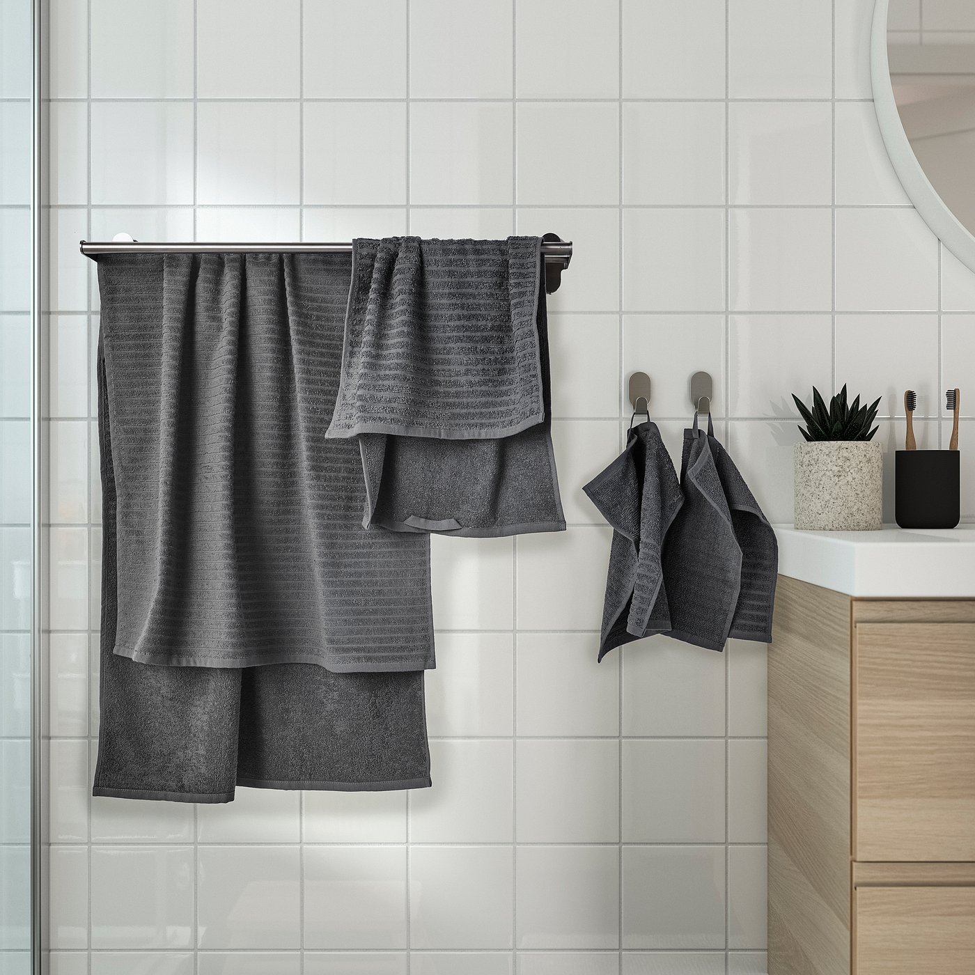 VÅGSJÖN towel, set of 6, dark gray, 12x12