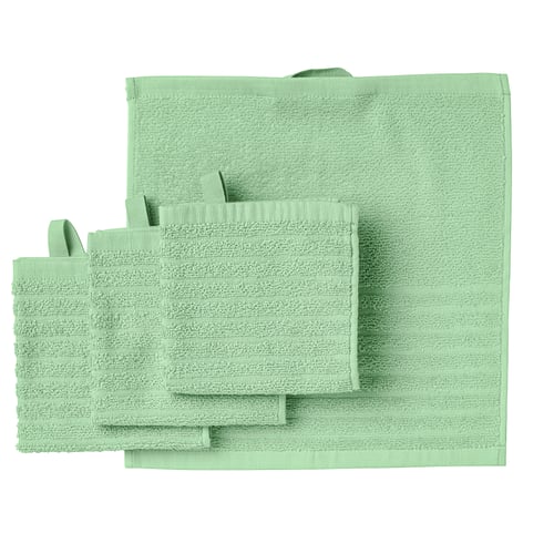 VÅGSJÖN 4-grey towels, green, cotton, rectangular, ribbed texture.