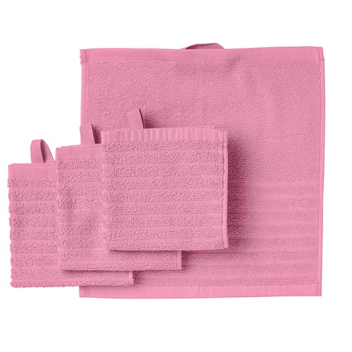 Depicts a set of pink VÅGSJÖN towels in various shapes, all made of soft, absorbent cotton with a ribbed texture and hanging loops.