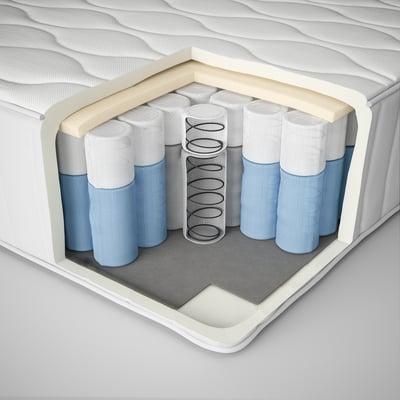 Cross-section of a mattress showcasing layers: foam, spring, and fiberfill. Detailed view of internal structure.